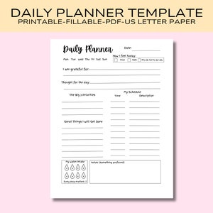 May include: A black and white printable daily planner template with sections for daily goals, schedule, and water intake. The template includes the text "Daily Planner" and "My Schedule".