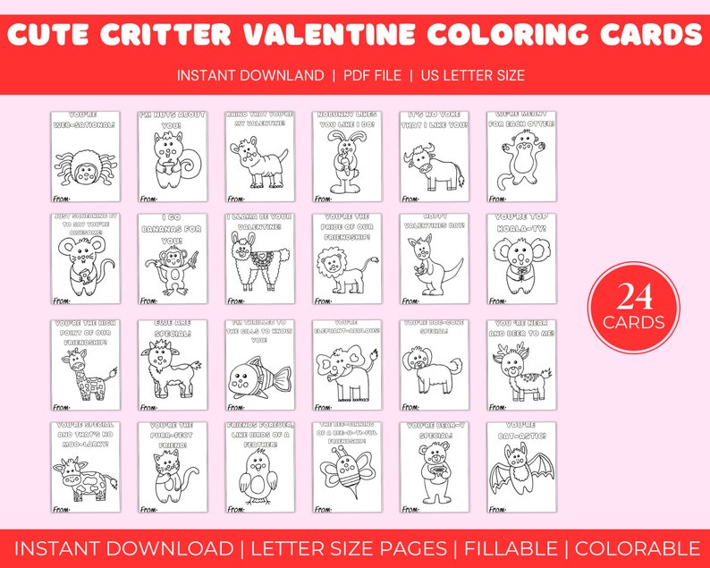 Cute Critter Valentines Coloring Cards Set Of 24 Instant Download Classroom Valentines For Kids