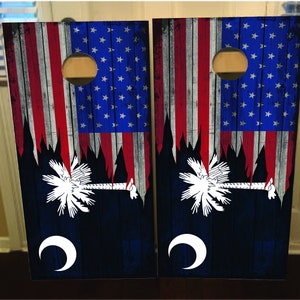 Set mit 2 South Carolina Palmetto Tree Amerikanische Flagge Cornhole Wraps, Vinyl Aufkleber Bag Toss Aufkleber Baggo Skin Sticker Wraps Laminiert