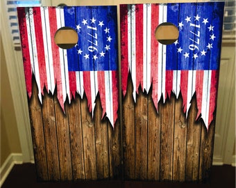 1776 ripped Flag Cornhole boards, Complete Outdoor Game Set with 2 Boards, & Optional Accessories