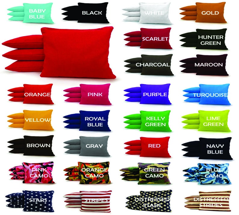 Puede incluir: Un conjunto de 24 bolsas de frijoles en varios colores y patrones, incluyendo colores s&oacute;lidos como rojo, azul, verde y amarillo, as&iacute; como patrones de camuflaje y estrellas. Las bolsas de frijoles est&aacute;n dispuestas en filas de cuatro, con cada fila presentando un color o patr&oacute;n diferente.