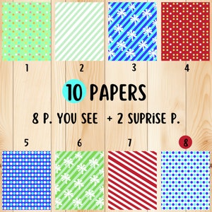 Könnte beinhalten: Ein Set mit 10 digitalen Papierdesigns mit verschiedenen Mustern, darunter Punkte, Streifen und Schneeflocken. Die Papiere sind von 1 bis 8 nummeriert, mit dem Text "10 PAPIERE" und "8 P. SIE SEHEN + 2 ÜBERRASCHUNG P."