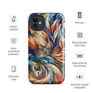 May include: A colorful phone case with a swirling abstract design featuring shades of blue, orange, red, and yellow. The case is compatible with wireless charging and has open ports for connectivity.