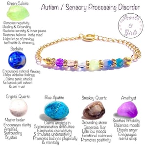 Peut inclure: Un bracelet en chaîne dorée avec sept perles de pierres précieuses de différentes couleurs. Les perles sont vertes, violettes, roses, transparentes, vert clair, bleues et turquoise. Le bracelet est étiqueté avec les noms des pierres précieuses et leurs propriétés curatives associées. Le texte "Autisme / Trouble du traitement sensoriel" est en haut de l'image. Le texte "Pearls & Girls" est dans un cercle en haut à droite de l'image.