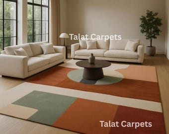 Modern Abstract Area Rug – Terracotta Sage Geometric Carpet, Contemporary Living Room Bedroom Floor Rug