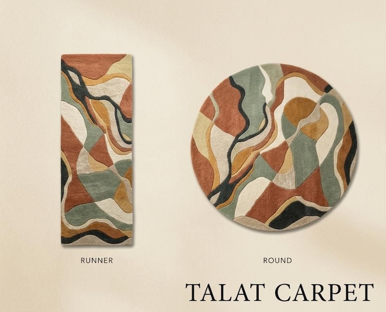 Wavy Edged Rug Handmade Tufted Wavy Wool Rug, Organic Shape, Terracotta Green Accent ...