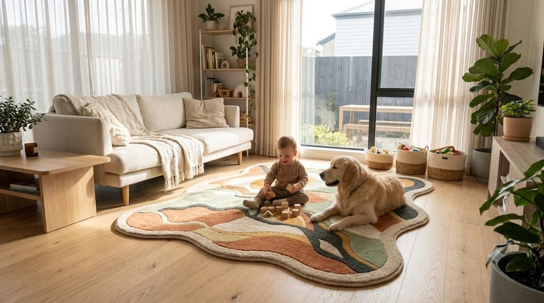 Wavy Edged Rug Handmade Tufted Wavy Wool Rug, Organic Shape, Terracotta Green Accent ...
