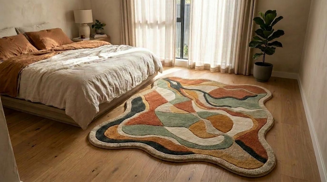 Wavy Edged Rug Handmade Tufted Wavy Wool Rug, Organic Shape, Terracotta Green Accent ...