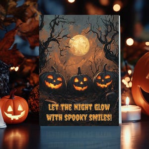 Spooky Halloween Card | Halloween Greeting Card | Pumpkins & Moon | Digital Download PDF