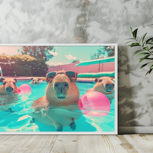 May include: Four capybaras wearing sunglasses float in a swimming pool with pink inflatable balls. The capybaras are enjoying a sunny day in the pool.