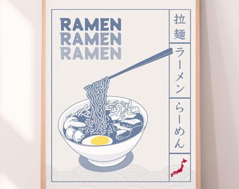 Japanese Ramen Poster, Japanese Noodle Kitchen Printable Wall Art, Japanese Food Poster, Retro Vintage Style Ramen Art, Instant Download