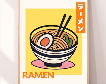 Japanese Ramen Poster, Yellow Orange Kitchen Wall Art, Retro Vintage Ramen Print, Instant Download