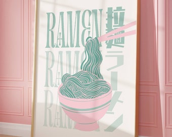 Pôster de ramen japonês, arte de parede para impressão de cozinha de macarrão japonês, pôster de comida japonesa, arte moderna de ramen em estilo vintage, download instantâneo