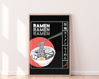 Pôster de ramen japonês, arte de parede para impressão de cozinha de macarrão japonês, pôster de comida japonesa, arte de ramen estilo vintage retrô, download instantâneo