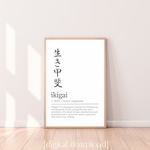 Ikigai Japanese Poster, Ikigai Definition Digital Art, Japanese Quote Wall Print, Minimalist Zen Wabi-sabi Japanese Kanji Digital Poster
