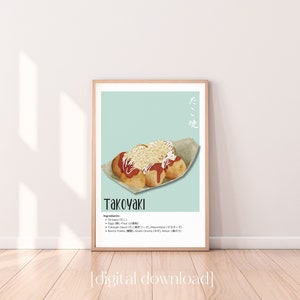 Japanese Takoyaki Poster, Octopus Balls Printable Wall Art, Japanese Food Poster, Takoyaki Poster, Vintage Style Food Art, Instant Download