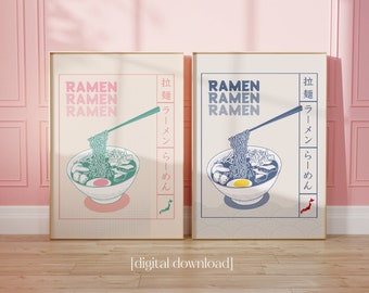 Cartel de ramen japonés, conjunto de 2, conjunto de arte de pared de cocina, cartel imprimible de comida de fideos asiáticos, arte moderno de estilo retro vintage, descarga instantánea