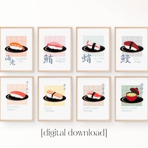 Japanese Sushi Poster, Set of 16, Sushi Collection Digital Art, Modern Asian Food Poster, Minimalist Zen Kitchen Decor, Instant Download