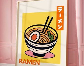 Pôster de ramen japonês, arte de parede para impressão de cozinha de macarrão japonês, pôster de comida japonesa, arte de ramen estilo vintage retrô, download instantâneo