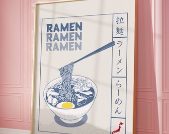 Pôster de ramen japonês, arte de parede para impressão de cozinha de macarrão japonês, pôster de comida japonesa, arte de ramen estilo vintage retrô, download instantâneo