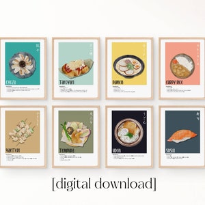 Japanese Food Poster, Set of 10, Ramen, Udon, Sushi, Takoyaki, Curry Rice, Asian Food Art Set, Kitchen Poster Food Art, Instant Download