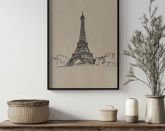 Eiffel Tower Line Art Print, Paris Cityscape Sketch (Digital Download)