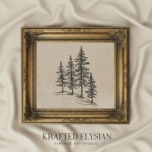 May include: A framed vintage art print featuring a pen and ink drawing of four evergreen trees on a small hill. The artwork is set in a gold-colored ornate frame. The text "Krafted Elysian Vintage Art Studio" is at the bottom.