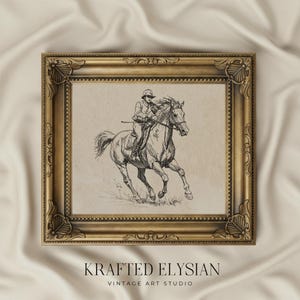 Jockey on Horse Sketch Print Western Wall Art, Black and Beige Vintage Horse Sketch, Farmhouse Equestrian Wall Decor Country Art