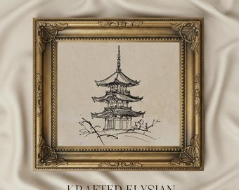 Kyoto Pagoda Line Drawing Printable Art – Hand Drawn Ink Sketch Japanese Architecture – Minimalist Japandi Wall Poster
