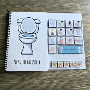 May include: A spiral-bound potty training communication book featuring a large illustration of a toilet and the text I NEED TO GO POTTY. The pages include various square icons depicting bathroom steps, hygiene routines, and five yellow star stickers.