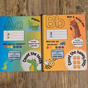 May include: An open book with colorful pages featuring the letters A and B. The pages have activities for learning the alphabet, including tracing letters, identifying colors, and counting objects. The book has a spiral binding.