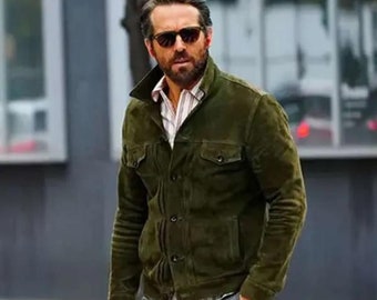 Ryan Reynolds Green Trucker Suede Jacket - Handmade Stylish Suede Leather Trucker Jacket for Men - 100% Genuine Real Suede Leather