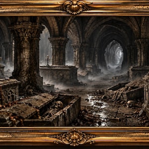 Cripta gotica stampabile da parete, catacombe medievali oscure, tomba di scheletri, decorazioni di Halloween, prigione infestata, download digitale