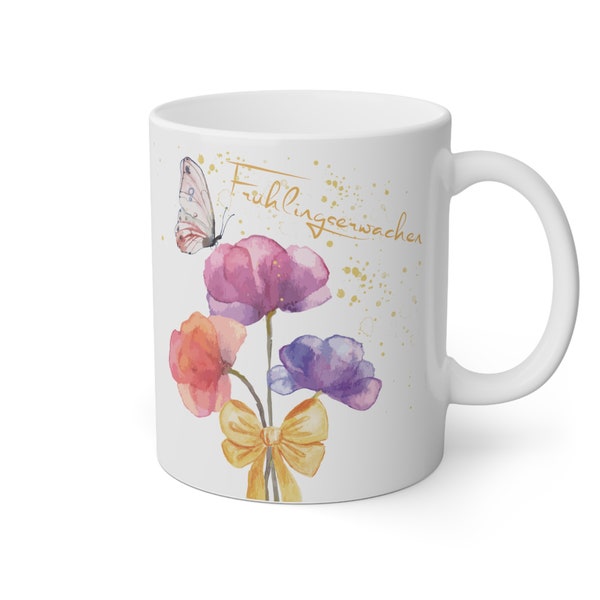 weiße Tasse aus Keramik mit "Frühlingserwachen" Blumendruck,einzigartiges Geburtstagsgeschenk