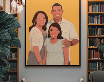 May include: A framed portrait of a family of three, with a smaller inset image of the same family. The portrait features a woman, a man, and a young girl, all smiling. The background is a solid yellow color.