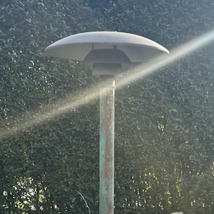 Puede incluir: Una lámpara de exterior blanca con una pantalla ancha, plana y en forma de hongo. La lámpara está montada en un poste alto de cobre desgastado. La lámpara está rodeada de vegetación verde y un camino de piedra.