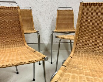 Sillas de comedor Poul Kjærholm PK-1, acero cromado y caña tejida, juego de 6