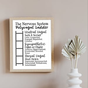 May include: A black and white illustration of a ladder with text describing the "Polyvagal Ladder" and its different states: Ventral Vagal, Sympathetic, Fight or Flight, and Dorsal Vagal. The text describes the states as "Safe & Social", "Anxious, Hypervigilant, Frustrated, Stressed, Tense", and "Depressed, Disconnected, Dissociated, Withdrawn, Immobilized".