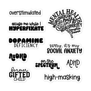 Set of 10 Neurodiversity Mental Health Stickers | Durable Vinyl Accent Stickers for Laptop or Notebook | ADHD, AuDHD, Brain