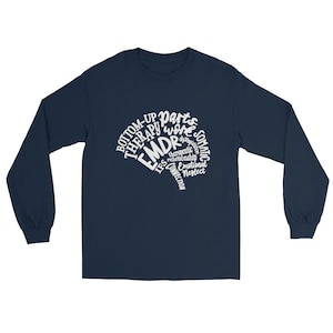 May include: Navy blue long-sleeve t-shirt with a white graphic of a brain made up of words related to therapy, including "EMDR", "bottom-up therapy", "parts work", "dysregulation", "therapeutic relationship", "connection", "emotional neglect", and "somatic".