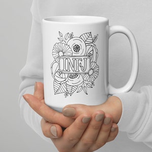 INFJ White Ceramic Coffee Mug | Hand-Drawn Floral Art | Black and White Minimalist | MBTI Myers-Briggs Introvert Personality Type