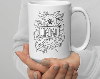 INFJ White Ceramic Coffee Mug | Hand-Drawn Floral Art | Black and White Minimalist | MBTI Myers-Briggs Introvert Personality Type