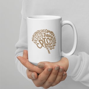 Puede incluir: Taza de cerámica blanca con un contorno marrón de un cerebro con las palabras "Neurodivergente", "Trauma complejo", "Ansiedad", "CPTSD", "Apego", "Teoría polivagal" escritas en su interior.