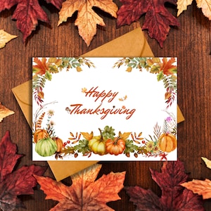 Carte de Thanksgiving imprimable, Joyeux Thanksgiving, Carte de vœux d’automne, Carte numérique, Carte citrouille et florale, Carte avec éléments d’automne