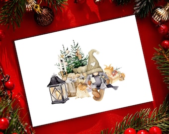 Utskrivbart julkort, tomte och julgran (digital nedladdning)