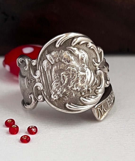 Merry Christmas Sterling Antique Spoon Ring, Santa