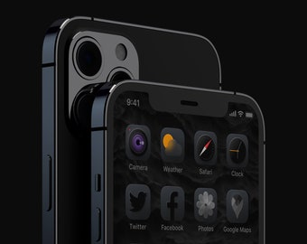 May include: A black iPhone with a dark gray background. The phone's screen displays a variety of app icons, including Camera, Weather, Safari, Clock, Twitter, Facebook, Photos, Google Maps, Siri, Shortcuts, Calculator, and Instagram.