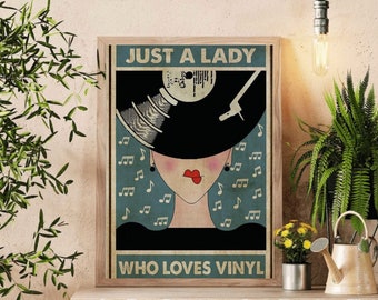 Music Poster - "Just A Lady Who Loves Vinyl" Vintage Poster, Retro Music Wall Art, Perfect Gift for Vinyl Collectors