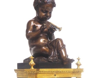 Antique Ormolu Bronze Mantel Clock Trumpet Playing Child Solid Bronze Bell Striking 8-Day Mantle Clock