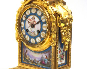 Bronze French Antique Mantel Clock – 8-Day Striking Blue Sevres Ormolu Mantle Clock C1850